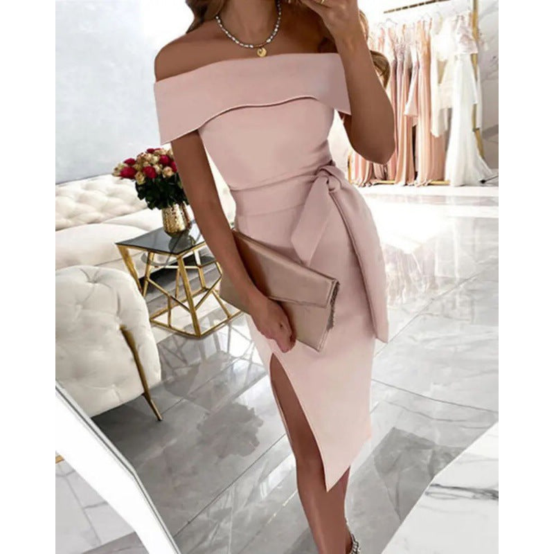 Elegant bodycon dress for women with off-shoulder design, side slit and bow detail Lune London