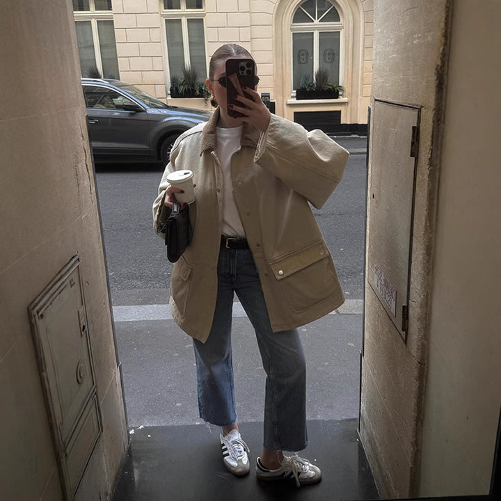 Women's Oversized Field Jacket with Cord Collar, Large Flap Pockets and Snap Button Closure Amarae