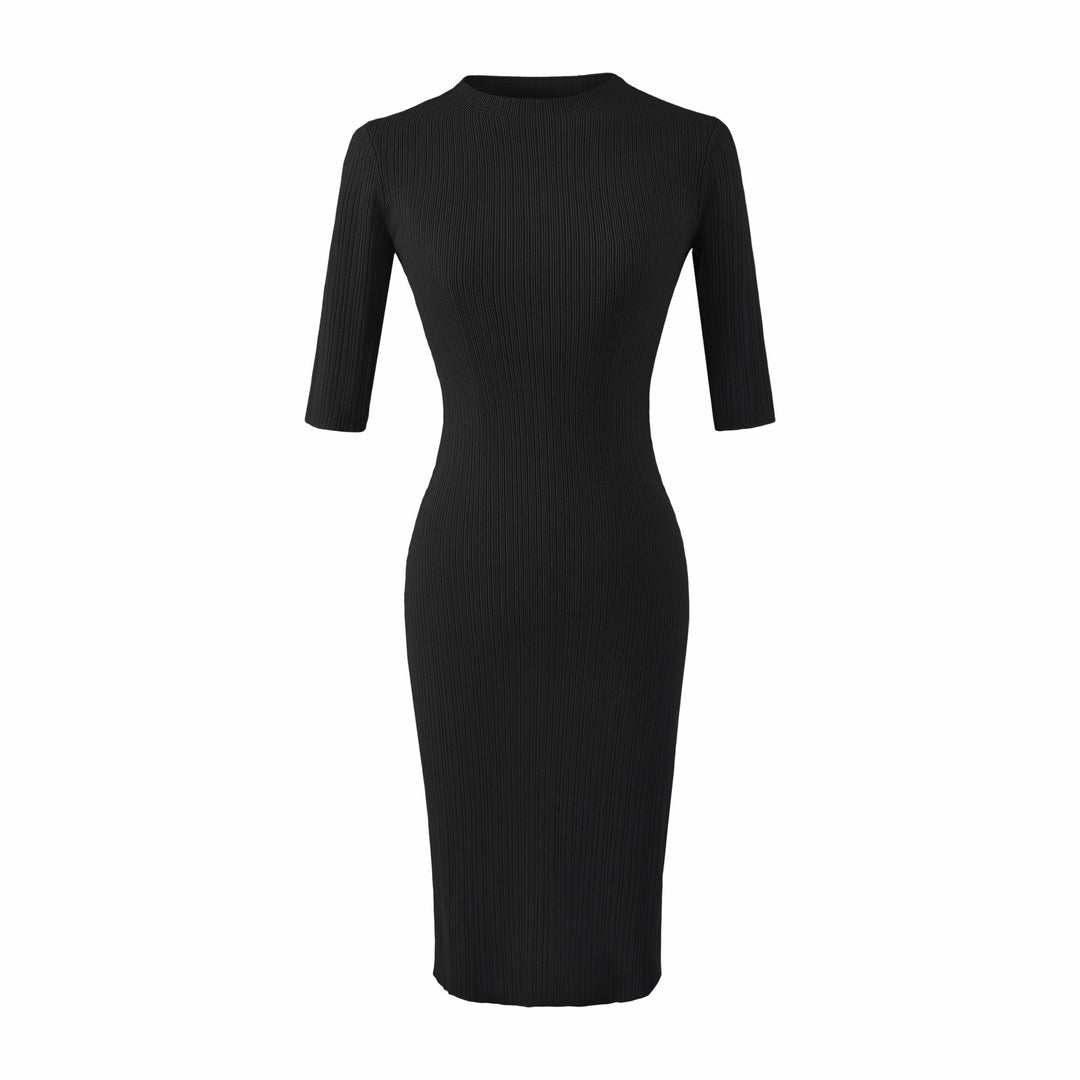 Women's fitted ribbed midi dress with half sleeves and stand-up collar Amarae
