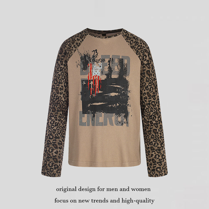 Women's raglan long sleeve shirt with leopard print sleeves and abstract graphic print Amarae