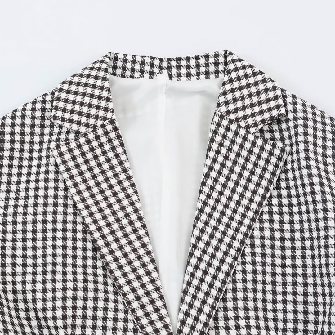 Women Oversized Blazer in Houndstooth Pattern with Balloon Sleeves and Patching Pockets Amarae