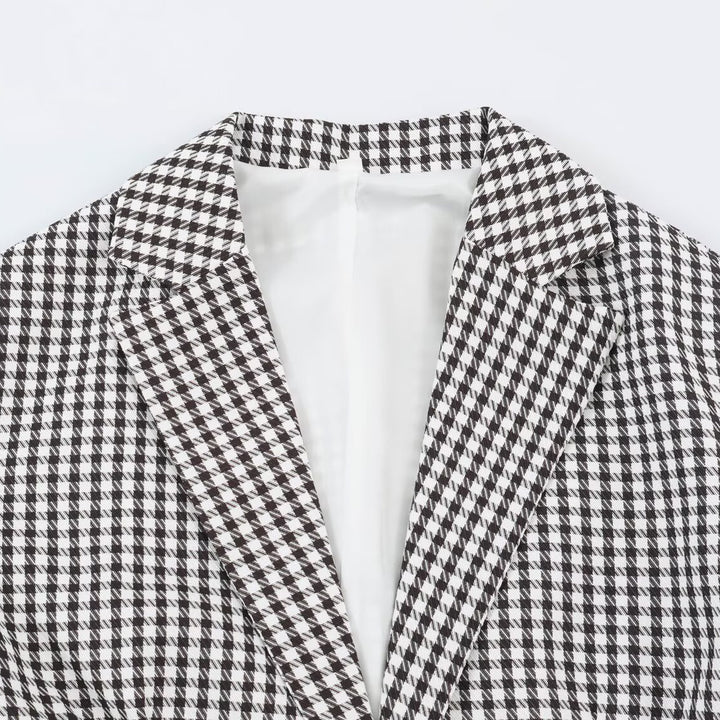 Women Oversized Blazer in Houndstooth Pattern with Balloon Sleeves and Patching Pockets Amarae