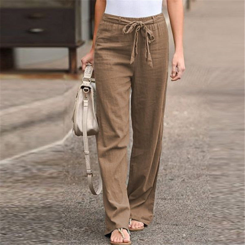 Linen pants for women with elastic waistband and tie belt Lune London
