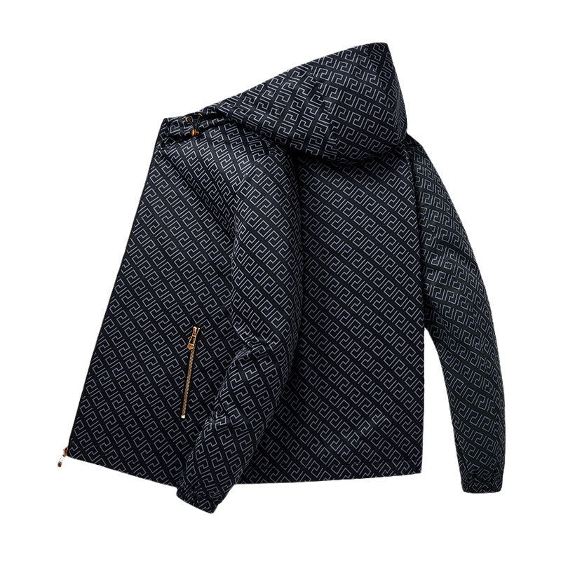 Men's Lightweight Hooded Pattern Jacket made of Microfiber with Urban Geometry Print Amarae