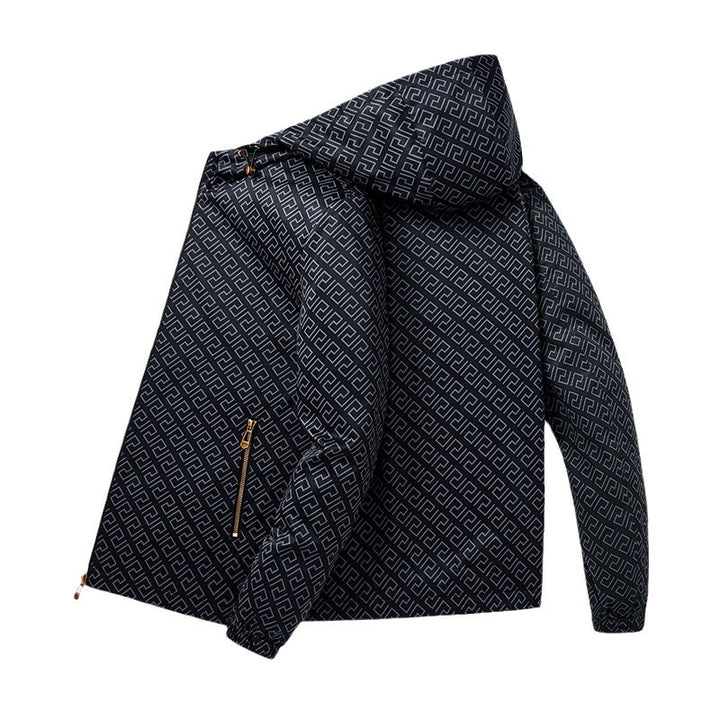 Men's Lightweight Hooded Pattern Jacket made of Microfiber with Urban Geometry Print Amarae