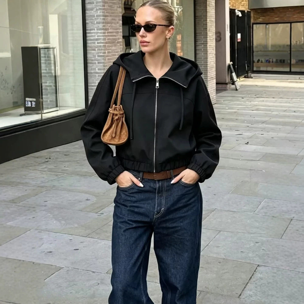 Women Light Hooded Jacket Cropped with Elastic Hem Amarae