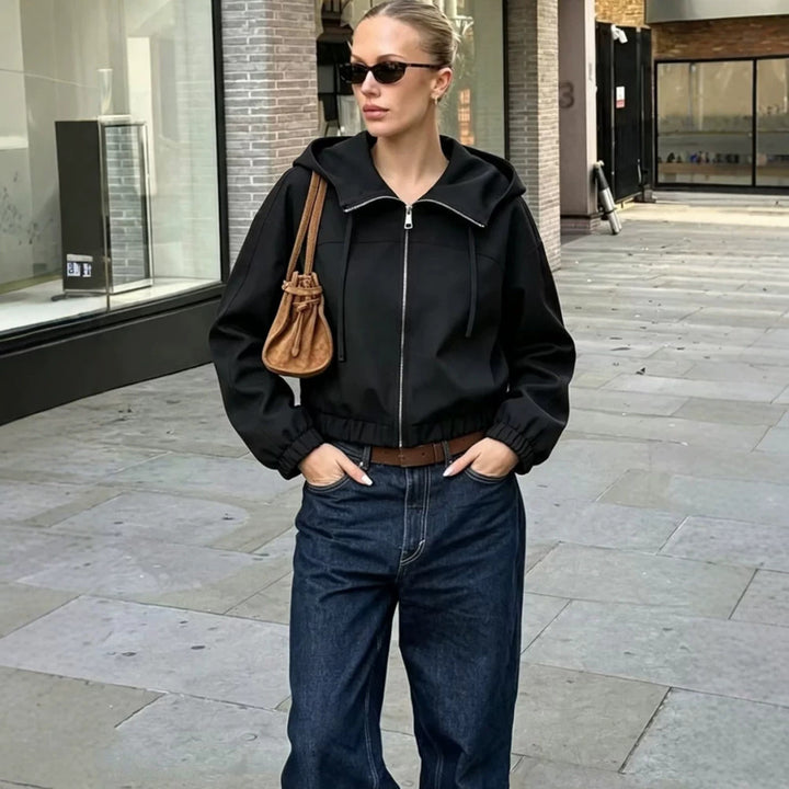 Women Light Hooded Jacket Cropped with Elastic Hem Amarae