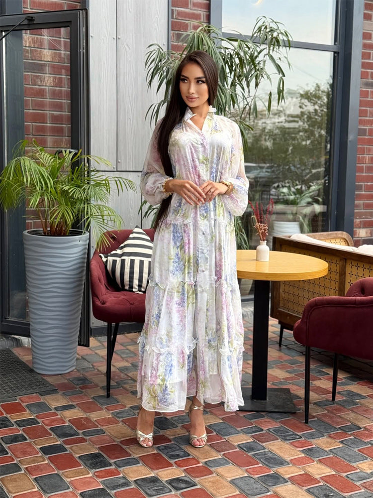 Women's Long Chiffon Tiered Maxi Dress with Ruffles & Delicate Flower Print Amarae