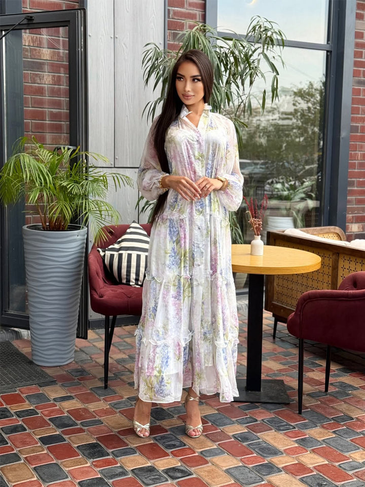 Women's Long Chiffon Tiered Maxi Dress with Ruffles & Delicate Flower Print Amarae