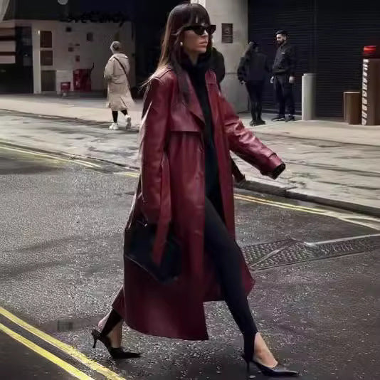 Elegant women's faux leather trench coat with belt and large lapels Lune London