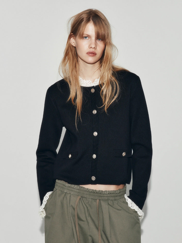 Women's Short Cut Fine Knit Cardigan with Round Neck, Decorative Buttons and Flap Pockets Amarae