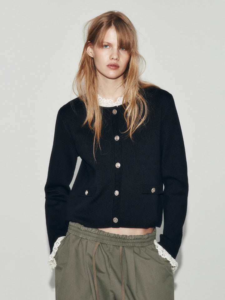 Women's Short Cut Fine Knit Cardigan with Round Neck, Decorative Buttons and Flap Pockets Amarae