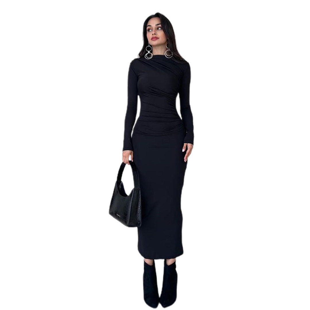 Ladies fitted maxi dress with high collar and side gathering Amarae