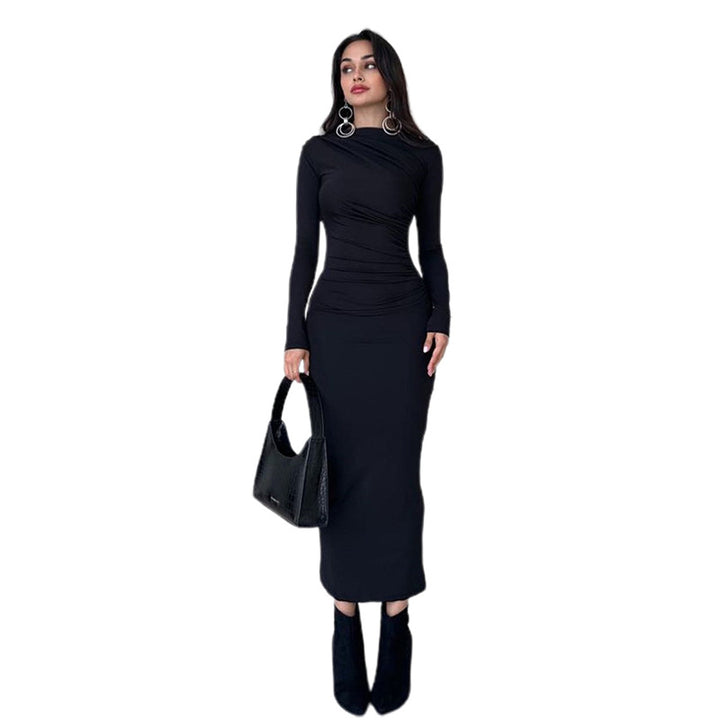 Ladies fitted maxi dress with high collar and side gathering Amarae