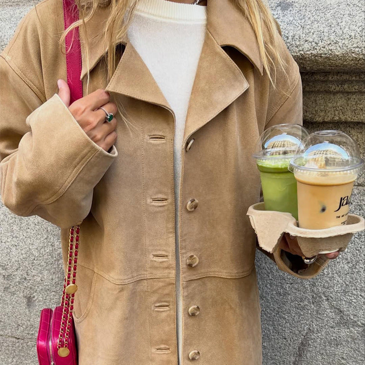 Women's short coat in suede look with boxy silhouette, horn button front & patch pockets Amarae