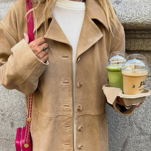 Women's short coat in suede look with boxy silhouette, horn button front & patch pockets Amarae