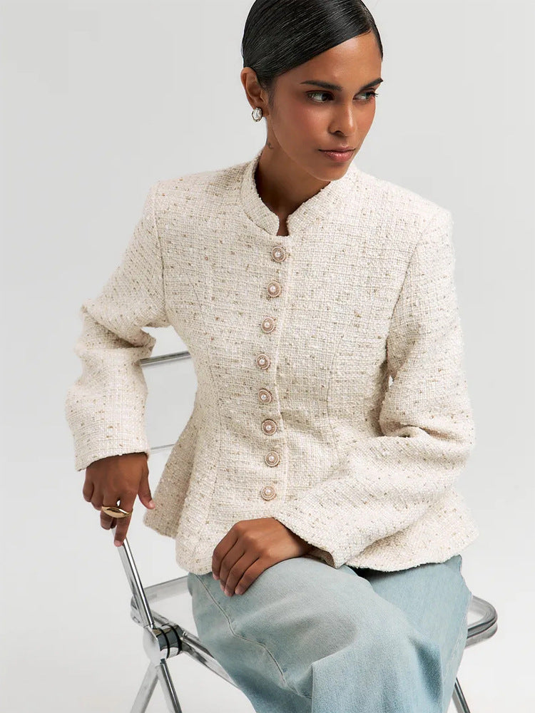 Women's Boucle Blazer with Stand Collar and Fitted Peplum Silhouette Amarae