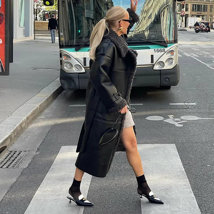 Ladies Trendy Synthetic Leather Coat with Oversized Collar and Belt Lune London