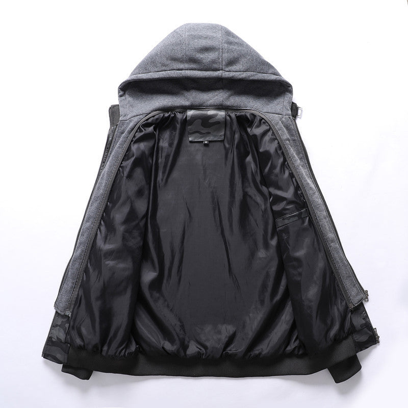 Camouflage leather jacket for men with removable hood and warm lining Lune London