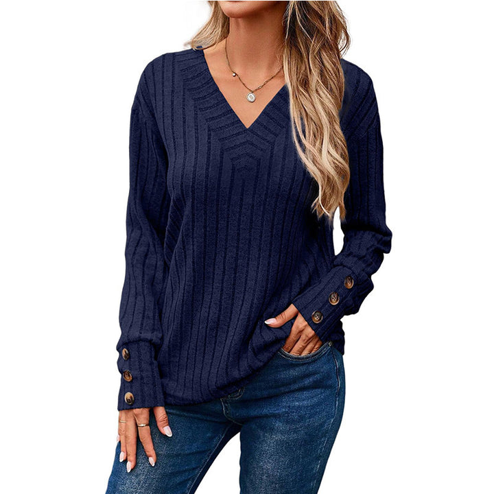 Women's Ribbed V-Neck Knit Sweater with Button Cuffs Amarae