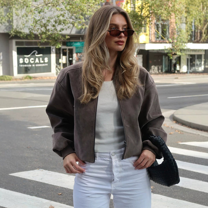 Women's Short Boxy Suede Bomber Jacket with Stand Collar and Ribbed Cuffs Amarae