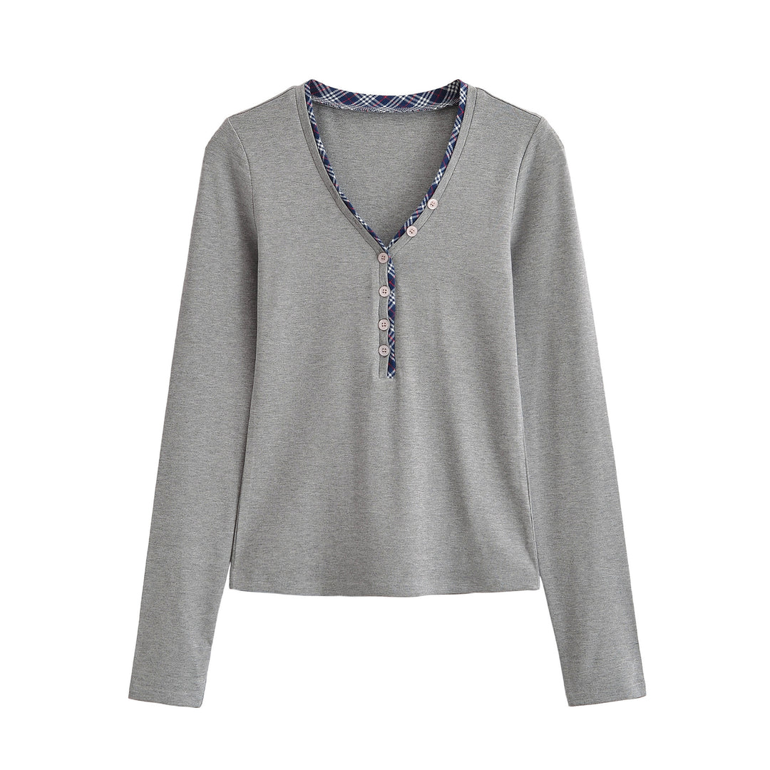Women's long sleeve shirt with V-neck, button placket and check trim Amarae