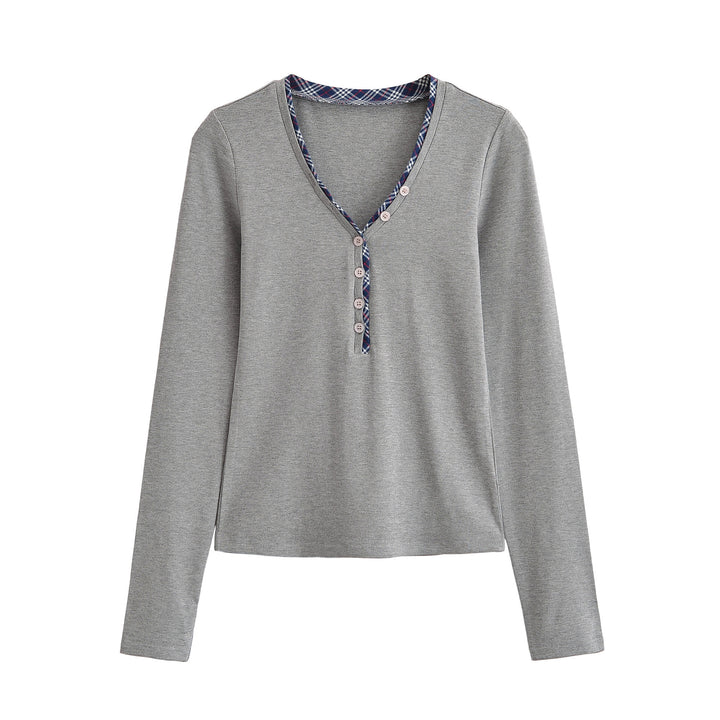 Women's long sleeve shirt with V-neck, button placket and check trim Amarae