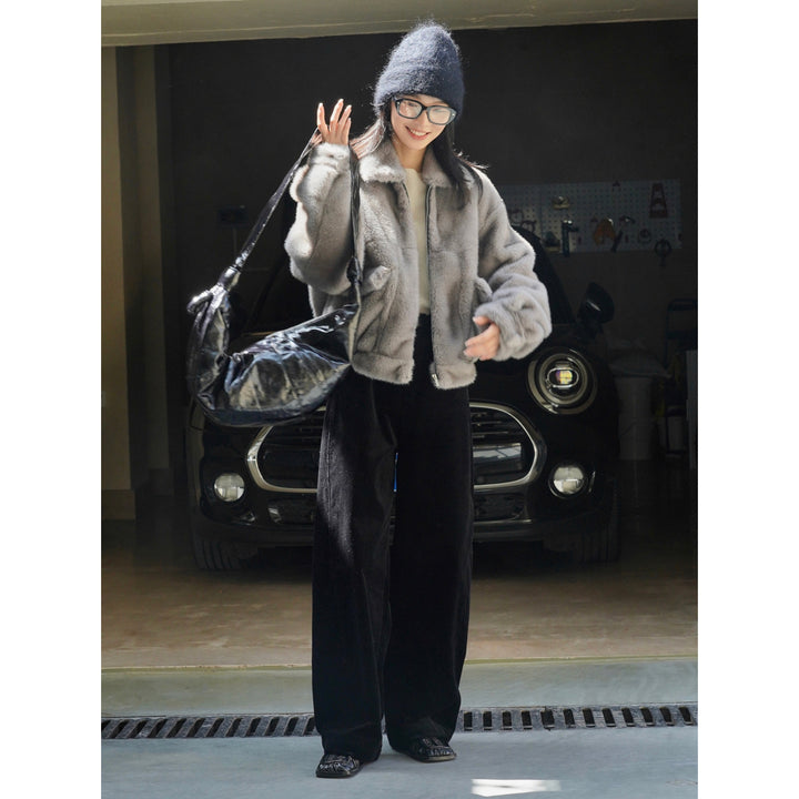 Women High-waisted Cord Velour Palazzo Pants with Wide Leg Amarae