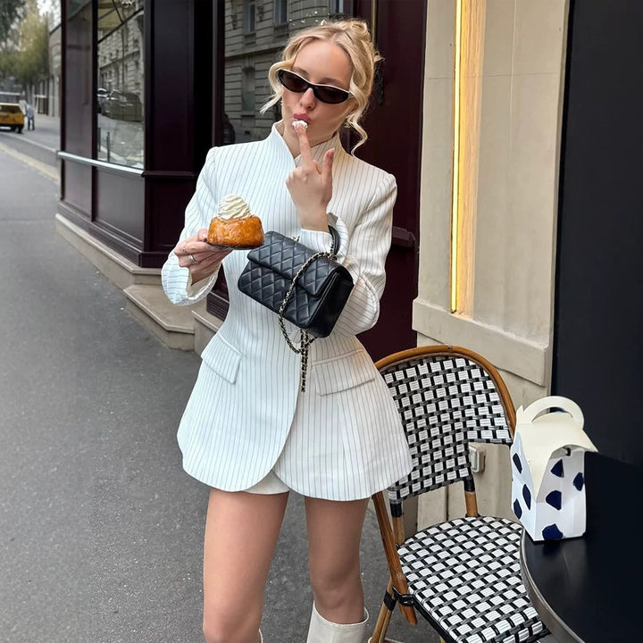 Women's Tailored Pinstripe Blazer with Flared Peplum and Stand-Up Collar Amarae