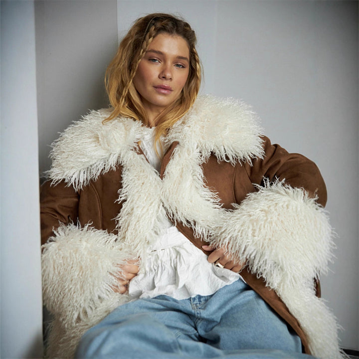 Women's short coat in lamb fur look with voluminous curly collar and contrast trim Amarae