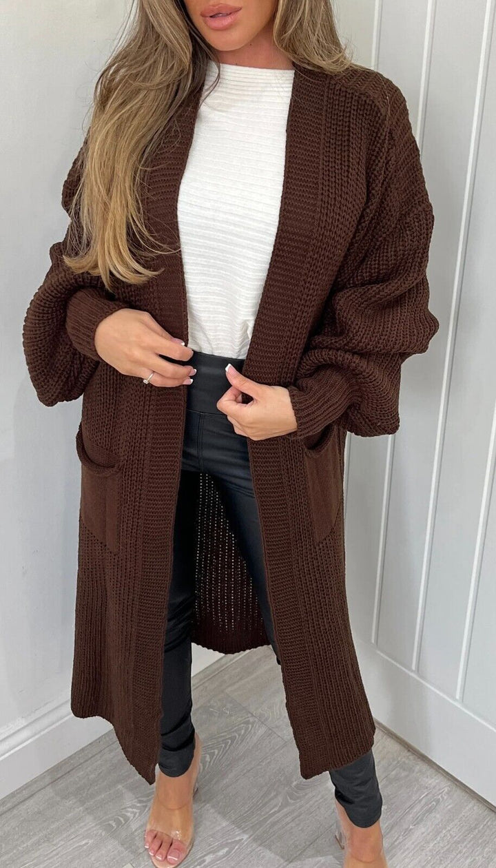 Ladies long cardigan with a chunky knit structure and practical pockets Lune London