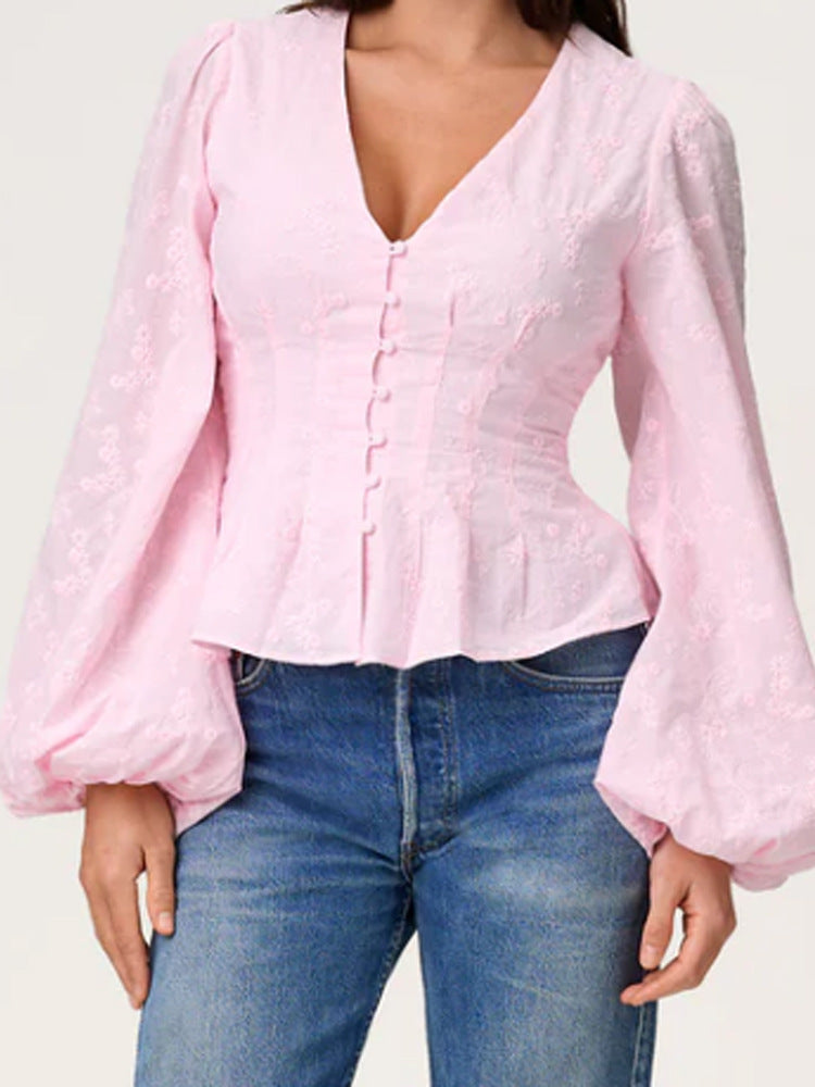 Women's jacquard lace blouse with fitted peplum and balloon sleeves Amarae