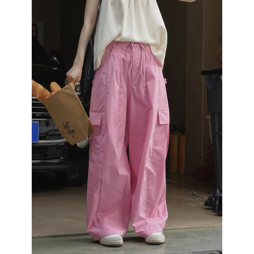 Women Wide Cargo Palazzo Pants with Drawstring Waistband and Multiple Pockets Amarae
