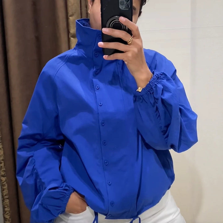 Women's Lightweight Windbreaker with Stand-up Collar, Snap Button Placket and Drawstring Amarae