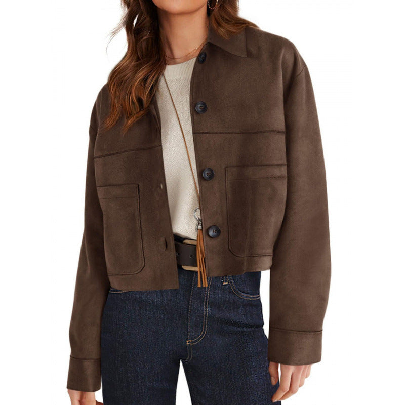 Women's short suede-look jacket with patch pockets and shirt collar Amarae