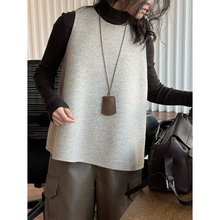 Women Boxy Wool Felt Vest with A-Line Cut and Inset Pockets Amarae