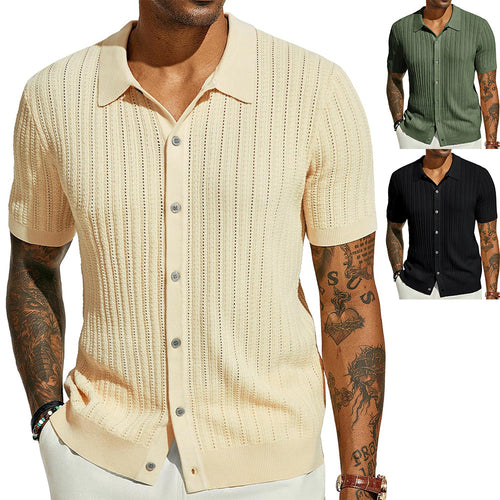 Short sleeve knit shirt for men with a fine lace structure and a classic collar Amarae