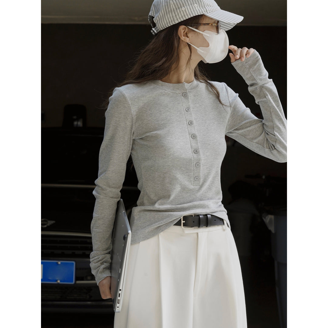 Women's Long Sleeve Henley Shirt with Button Placket and Slim Fit Amarae