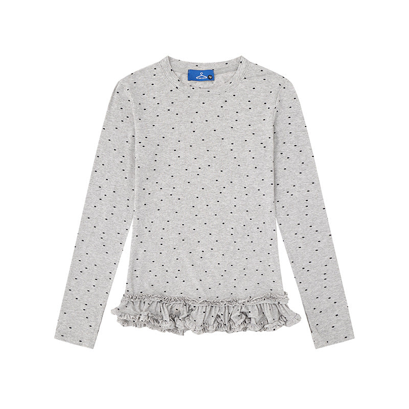 Women's long-sleeve shirt with ruffled hem and polka dot all-over print