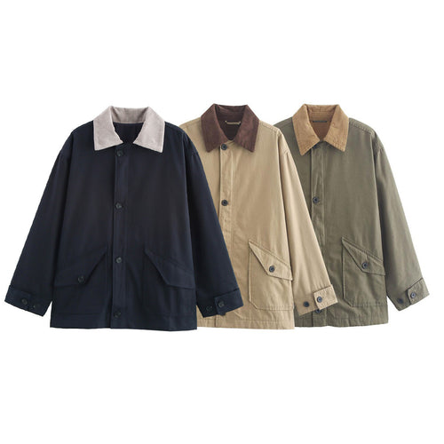 Transitional jacket for women with practical flap pockets and a corduroy collar Amarae