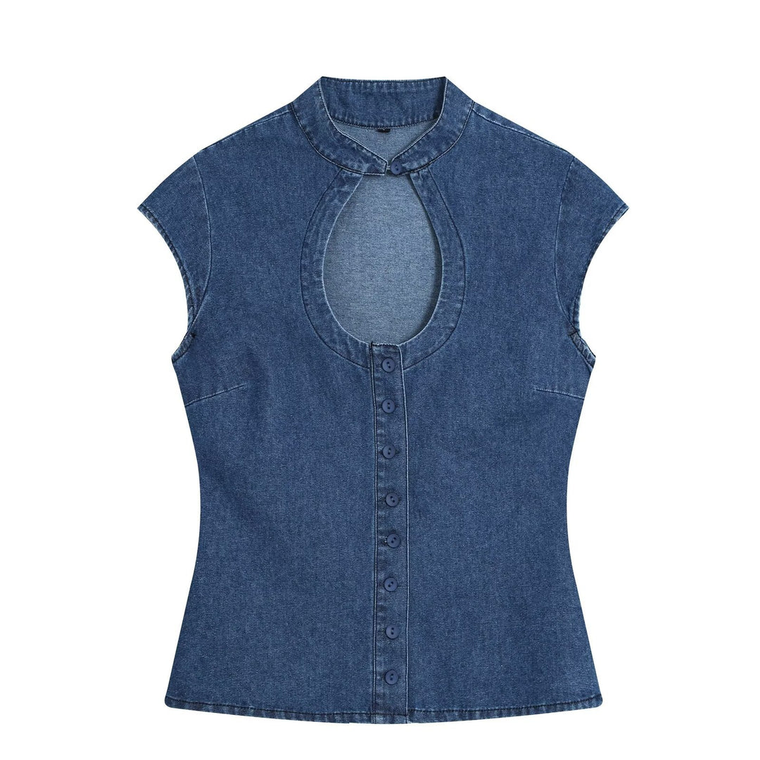 Women's Tailored Jeans Top with Keyhole Cutout and Full Button Placket Amarae