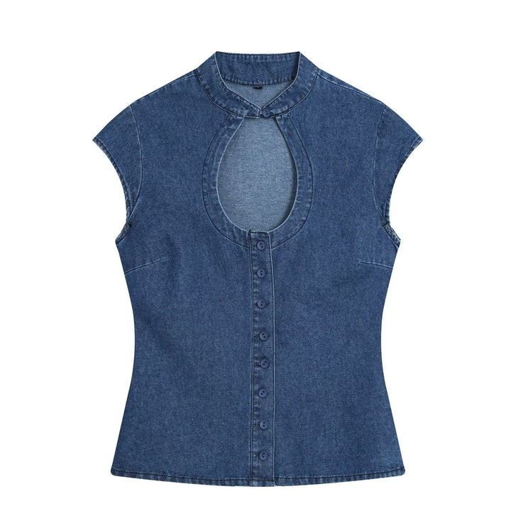 Women's Tailored Jeans Top with Keyhole Cutout and Full Button Placket Amarae