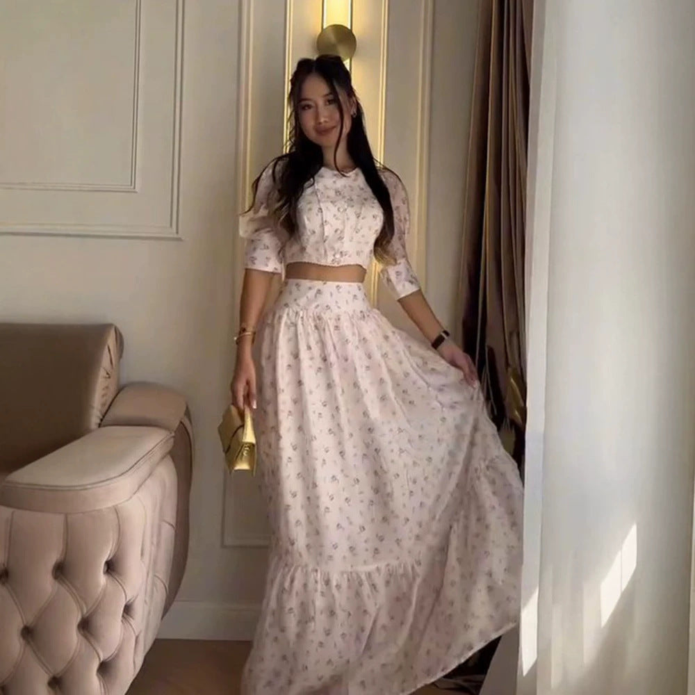 Women's Two-Piece Chiffon Set with Cropped Puff Blouse and Tiered Maxi Skirt Amarae