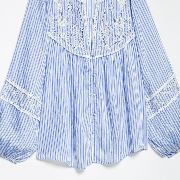 Ladies Striped Blouse with Crochet Lace, Balloon Sleeves and Button Placket Amarae