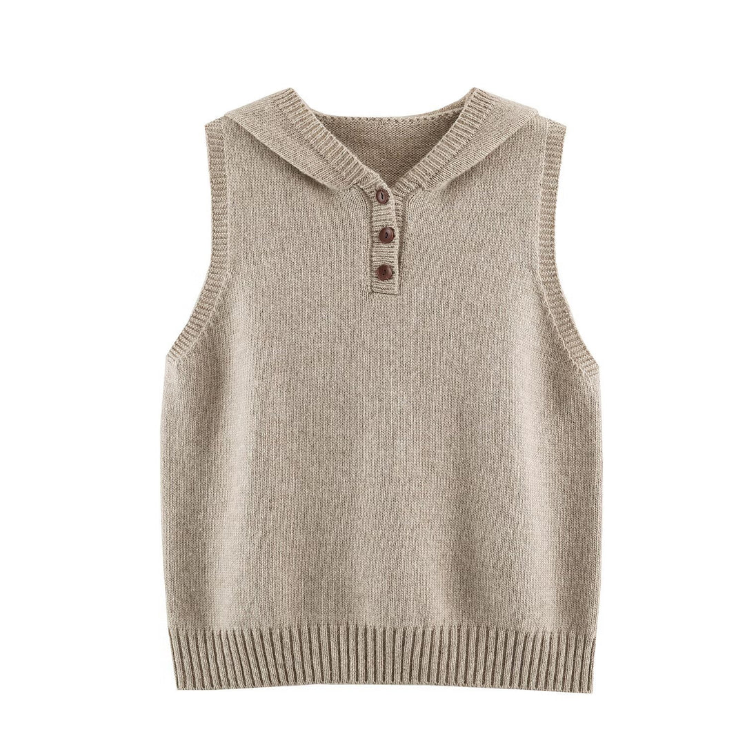 Women's fine knit vest with hood, button placket, and ribbed waistband Amarae