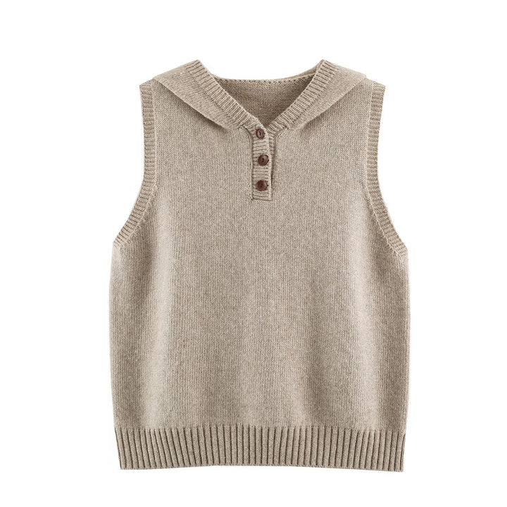 Women's fine knit vest with hood, button placket, and ribbed waistband Amarae