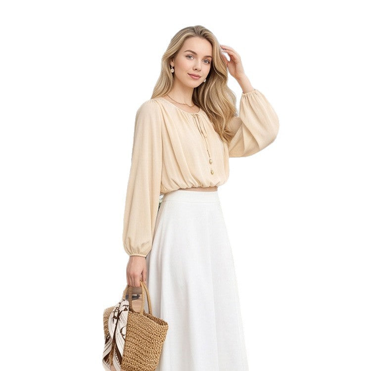Women Elegant Chiffon Blouse with Drawstring Hem, Balloon Sleeves & Pearl Button Detail Amarae