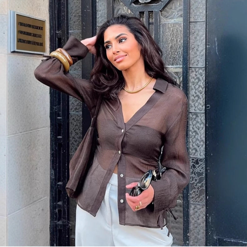 Women's Transparent Crinkle-Chiffon Blouse with Tailored Panel Construction & Laced Sleeves Amarae