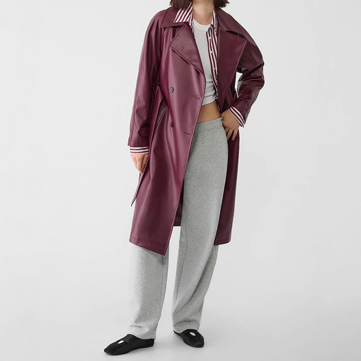 Lune London elegant cut faux leather trench coat for women