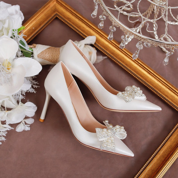 Ladies high-quality wedding pumps with beaded appliqué and refined bow detail Lune London